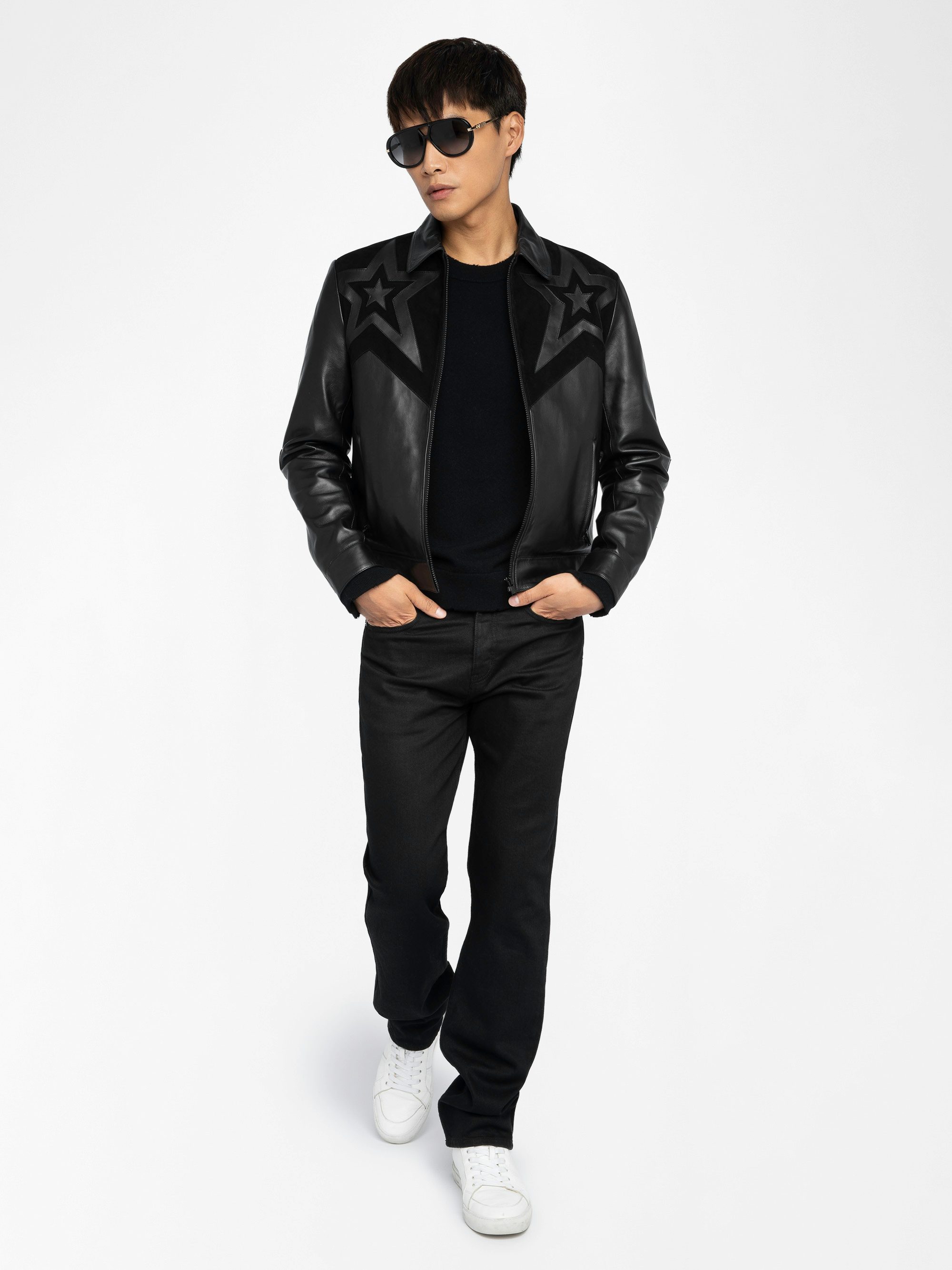 Locky Leather Jacket - Smooth leather jacket with suede star patch, long sleeves and zip fastening.